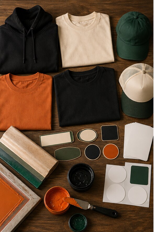 Clean custom print shop worktable with shirts, vinyl, hats, stickers, and production tools